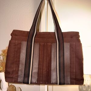 Hermes Brown Suede & Leather Tote with Striped Webbing Handles